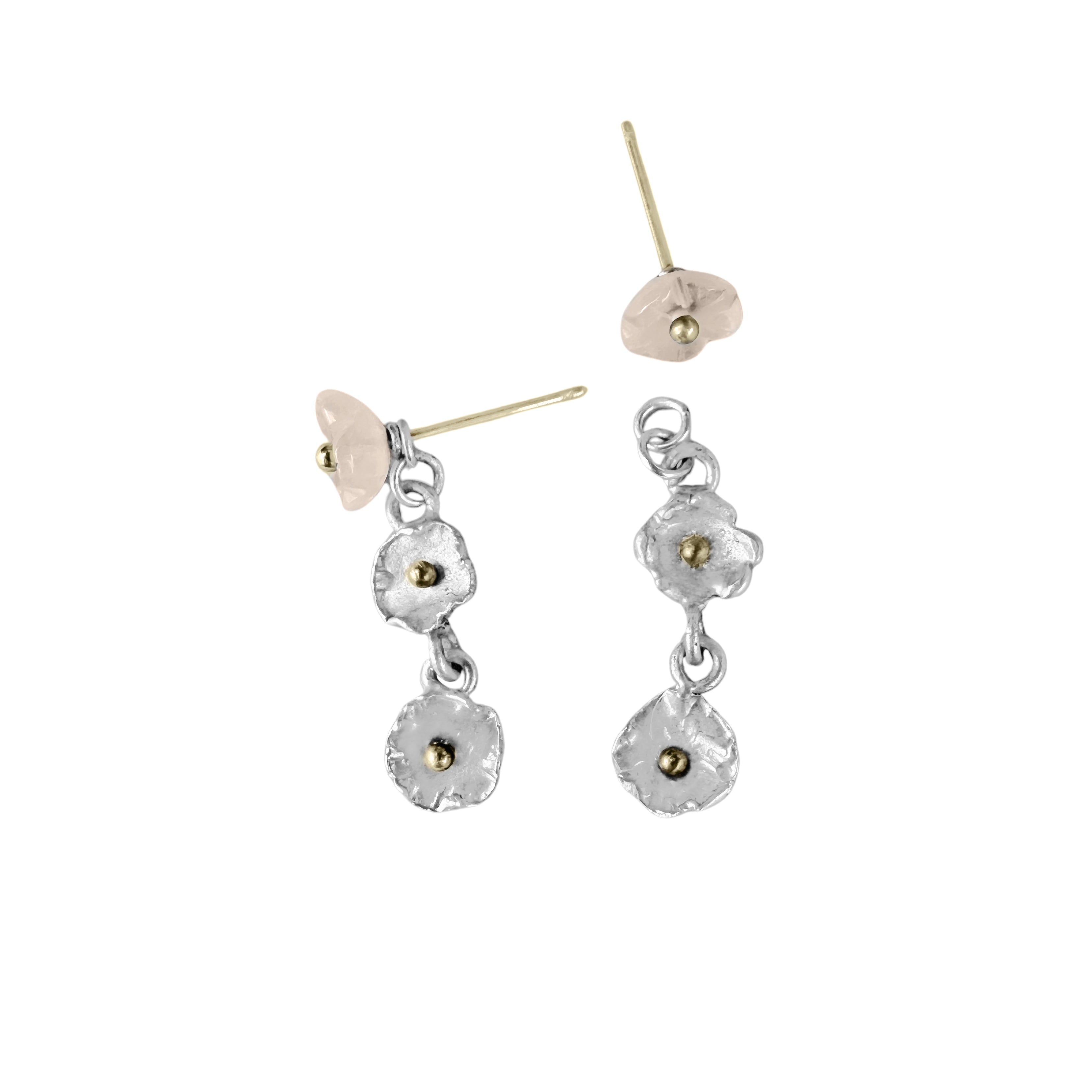 Fleur D'argent drop earrings with small rose quartz beads