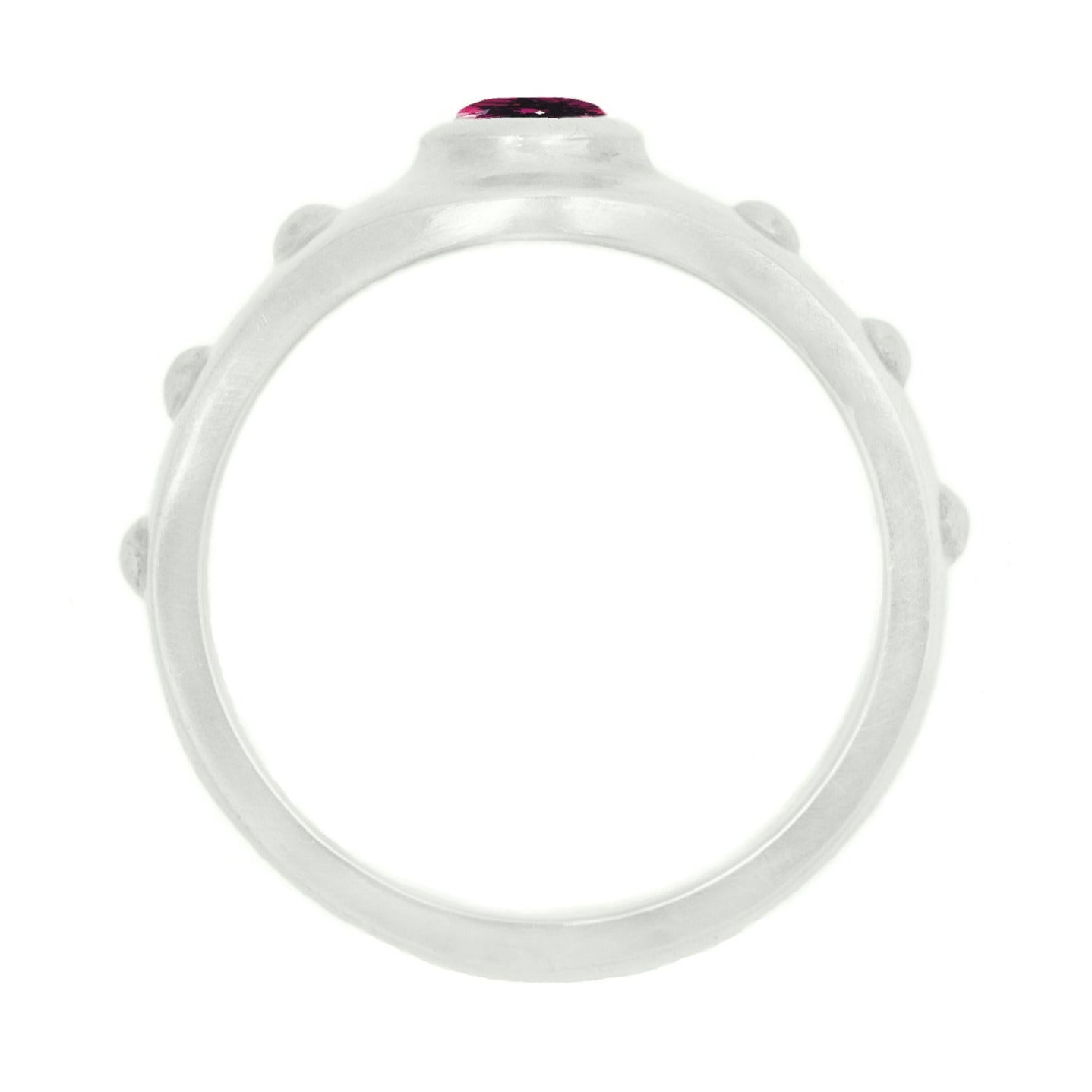 the memee beads ring in silver with a rhodolite garnet