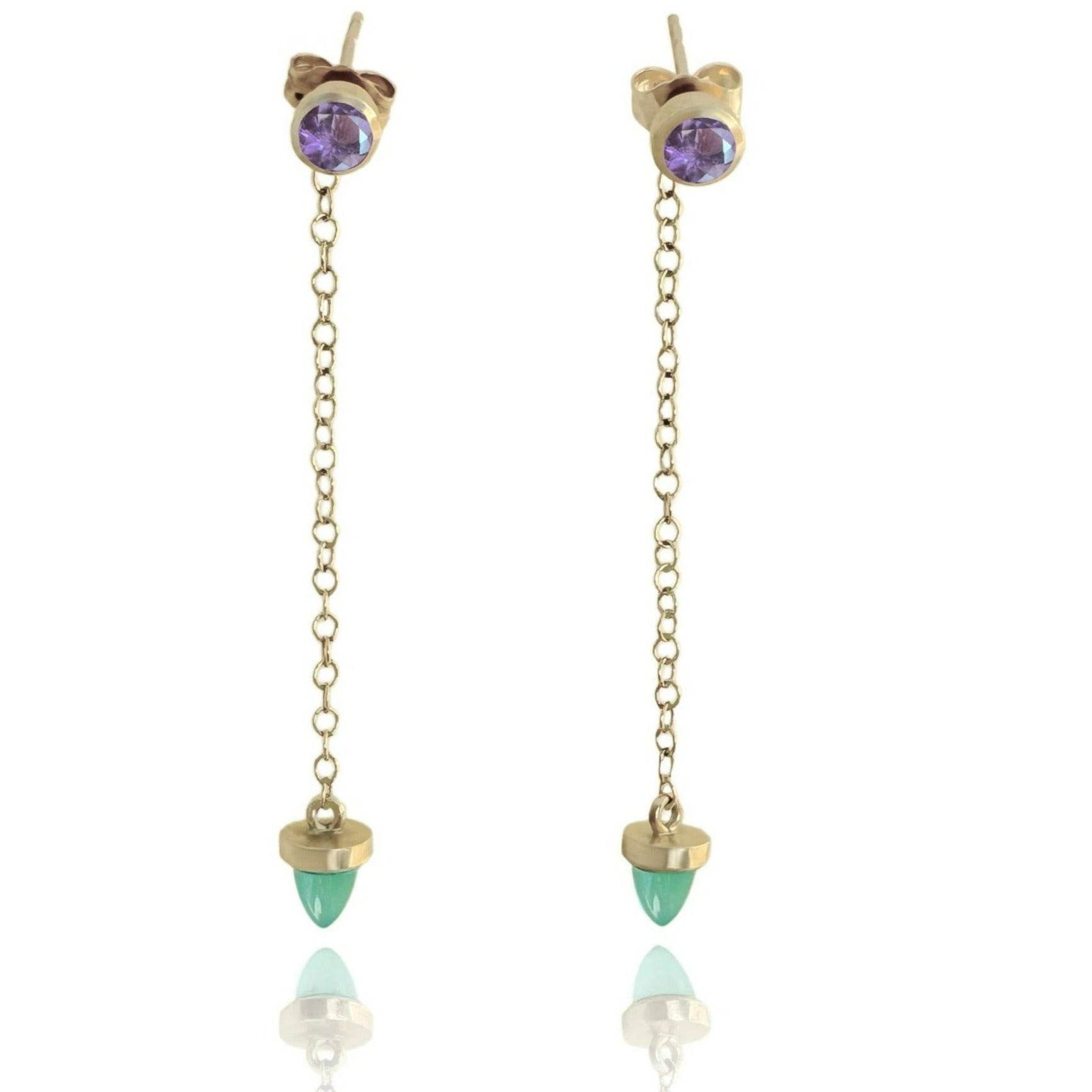 Boucles d'oreilles transformables en améthyste et chrysoprase en or jaune 10 carats