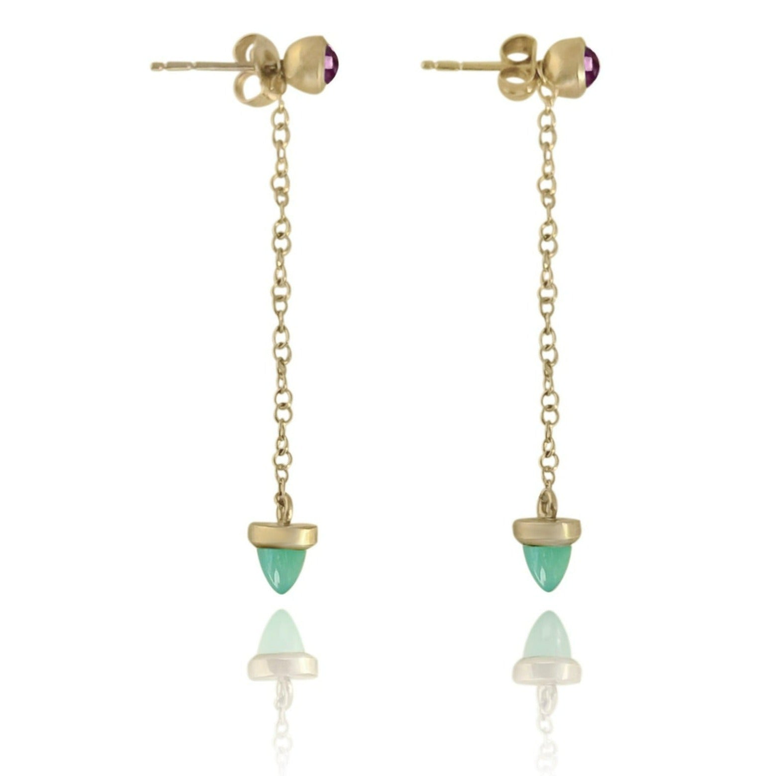 Boucles d'oreilles transformables en améthyste et chrysoprase en or jaune 10 carats