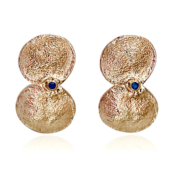14K yellow fairmined gold seed pod elongated earrings with blue sapphires (one of a kind)