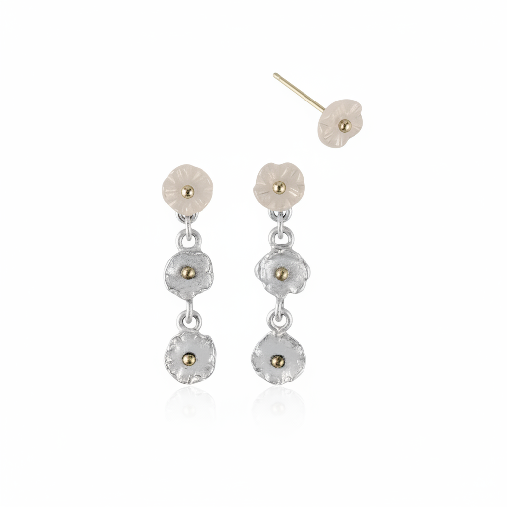 Fleur D'argent drop earrings with small rose quartz beads