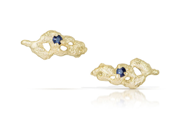 the central park shrubs stud earrings 14K fairmined gold with with blue sapphires