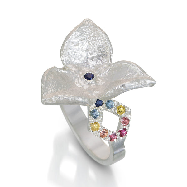 silver with multi-color sapphires seed pod ring limited edition