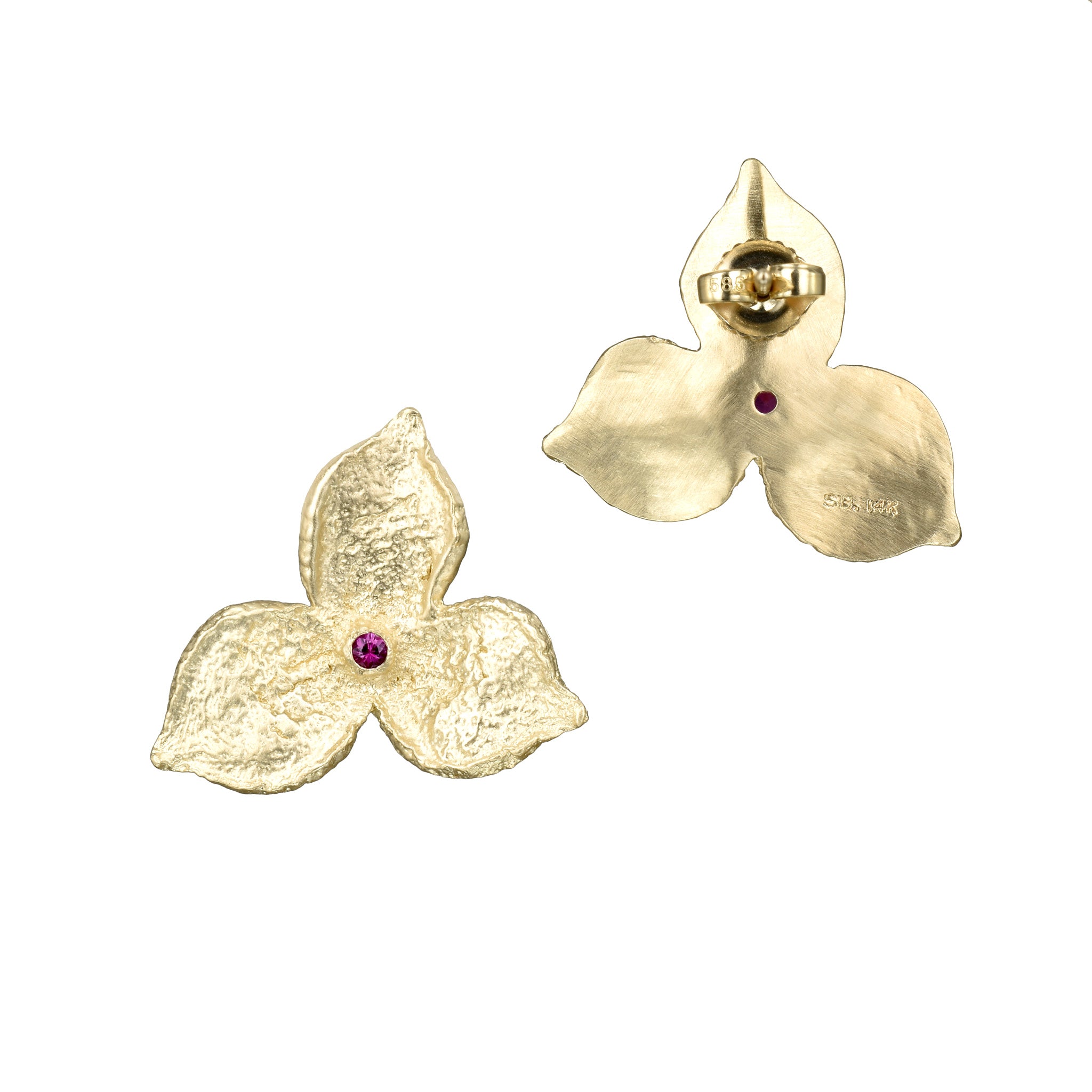 Boucles d'oreilles tendance en or Fairmined et rubis à 3 pétales en édition limitée