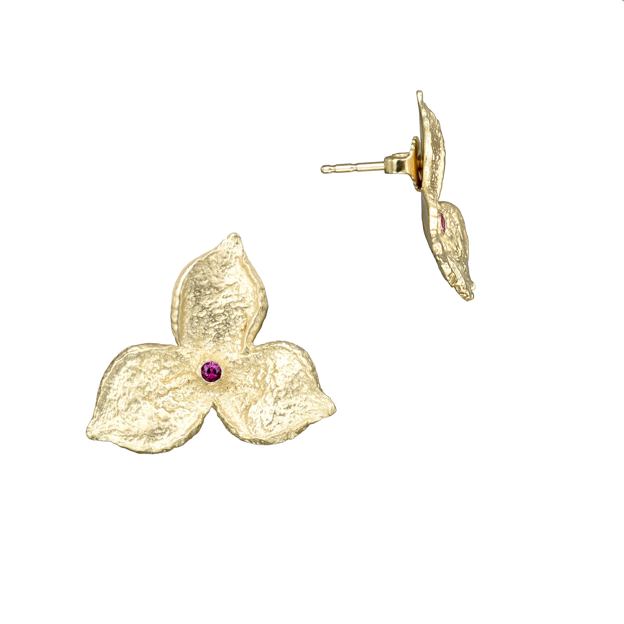 Boucles d'oreilles tendance en or Fairmined et rubis à 3 pétales en édition limitée