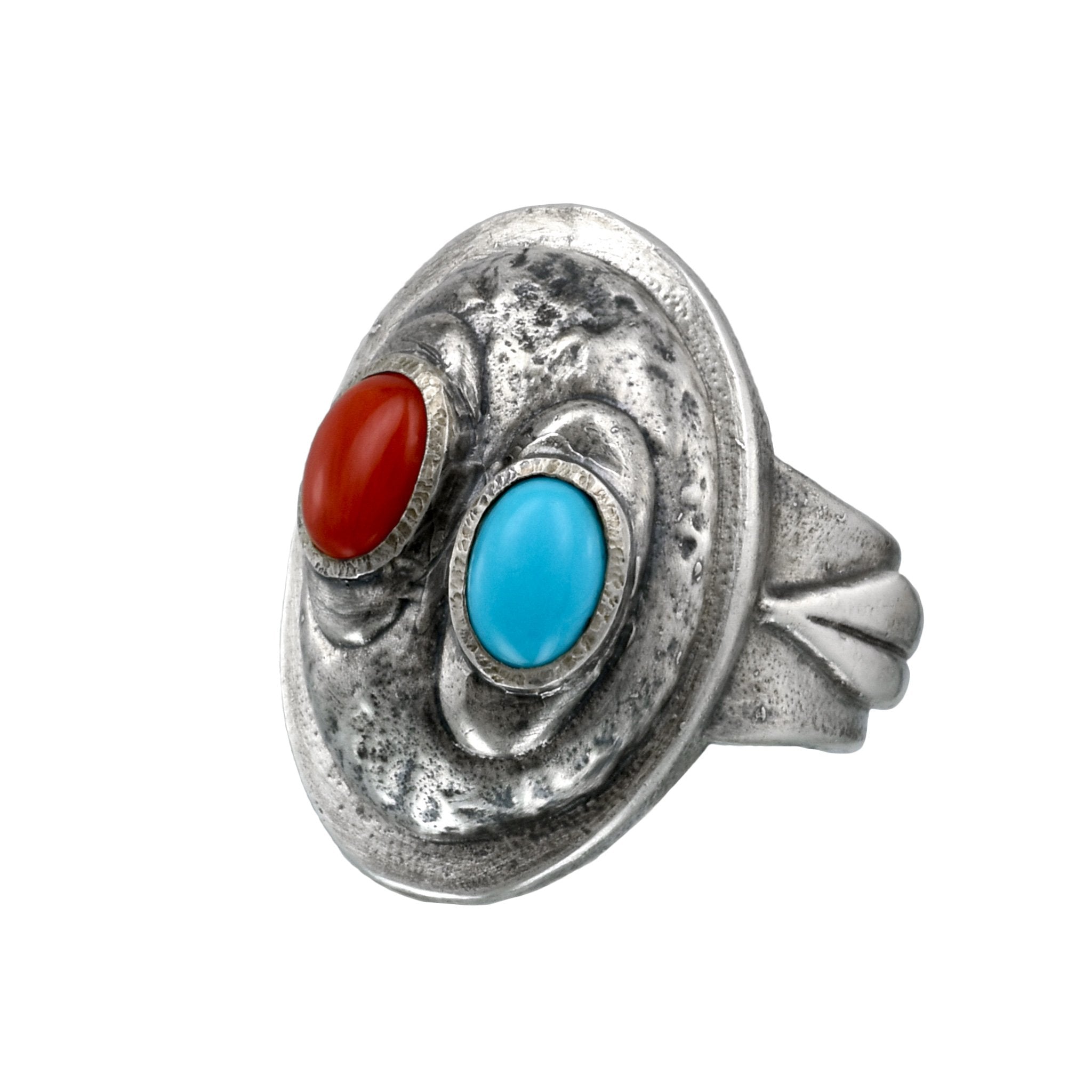 Bague de guerrier africain en argent en édition limitée avec pierres de corail et turquoise - prête à être expédiée en taille 8