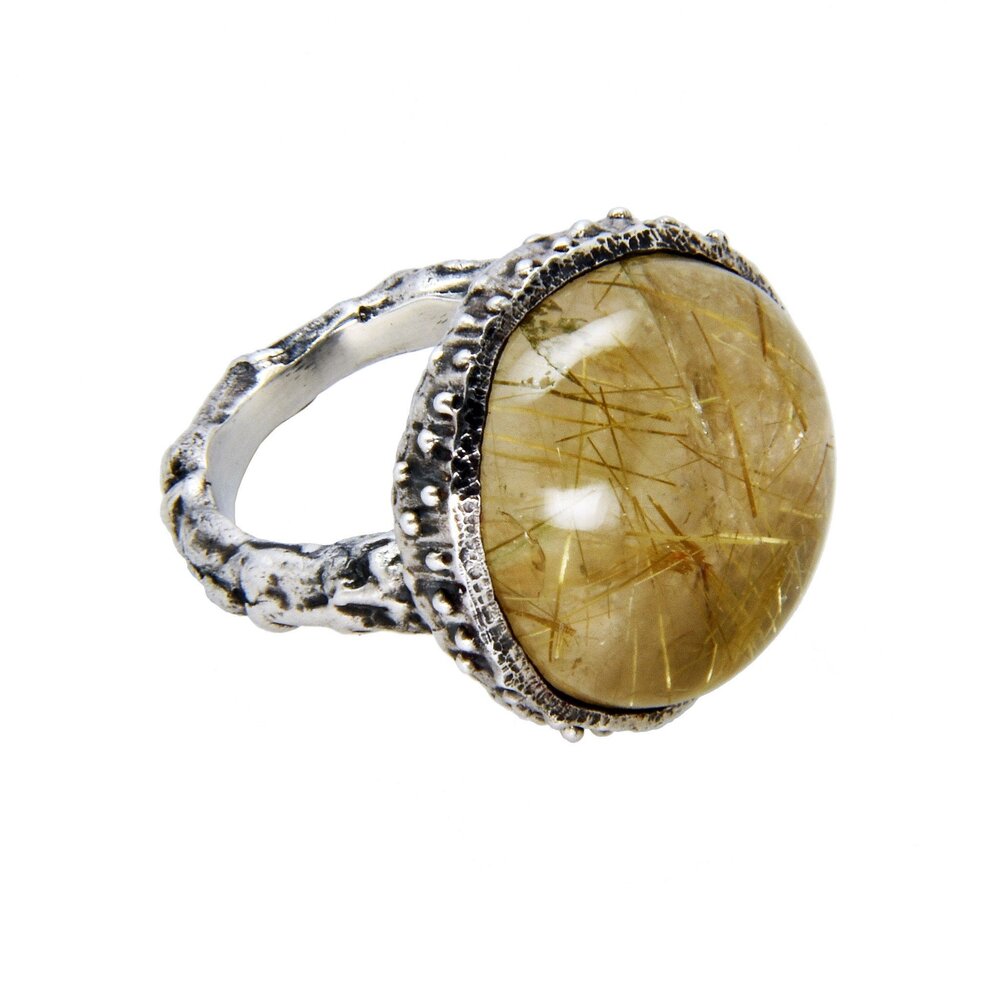 argent sterling avec un anneau de gland en pierre de quartz rutile