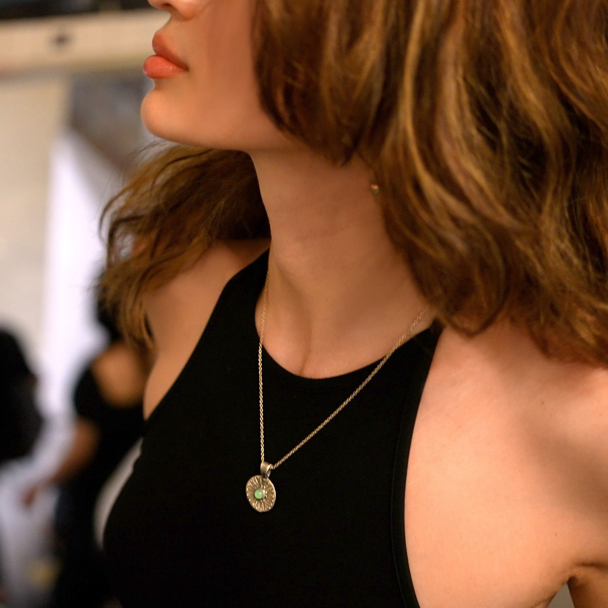 the shield pendant in silver with a chrysoprsase stone