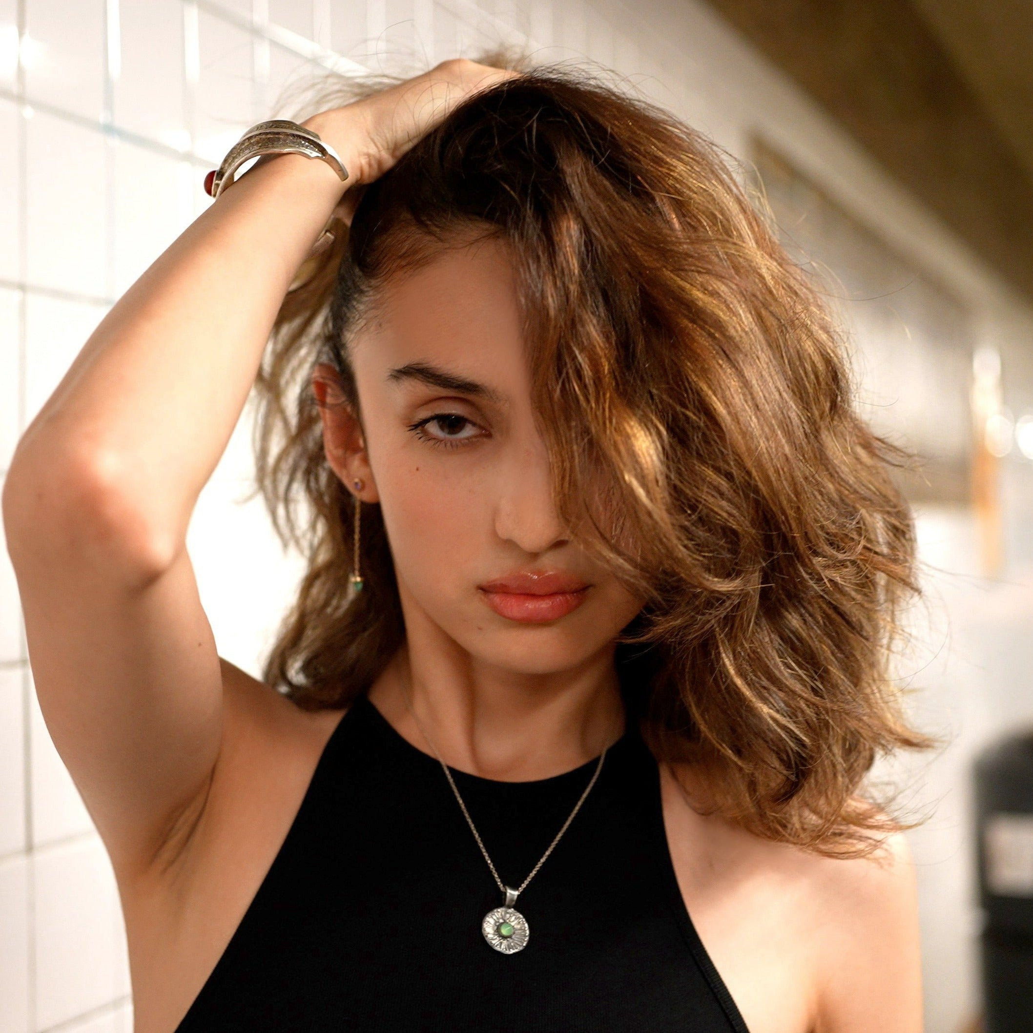 the shield pendant in silver with a chrysoprsase stone