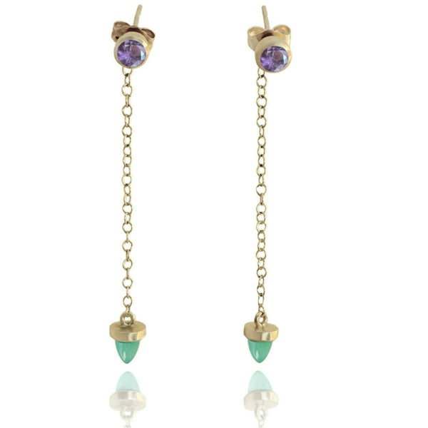 Transformable Amethyst and Chrysoprase Earrings in 10K Yellow Gold