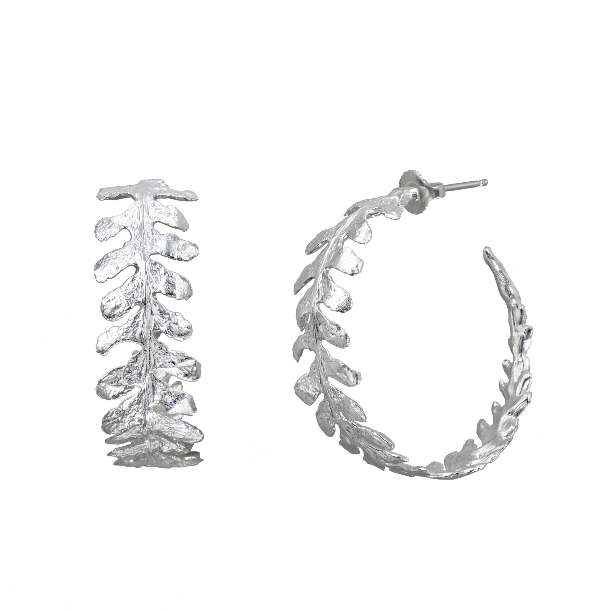 the fern hoop earrings, cast from a fern harvested in France