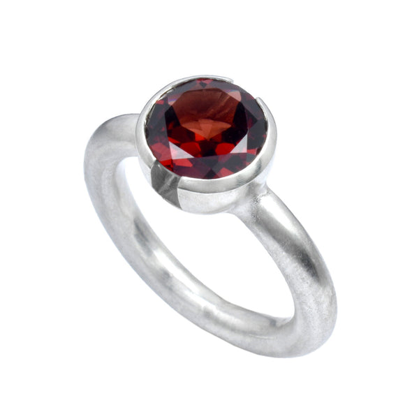 silver red garnet open bezel ring