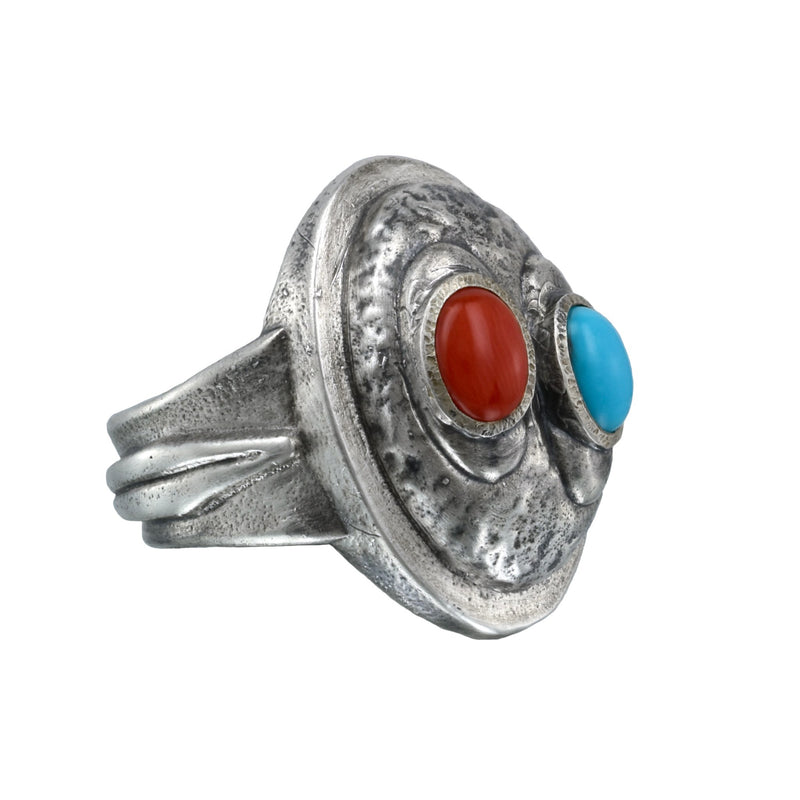 limited edition silver African warrior ring with coral and turquoise stones - ready to ship in size 8