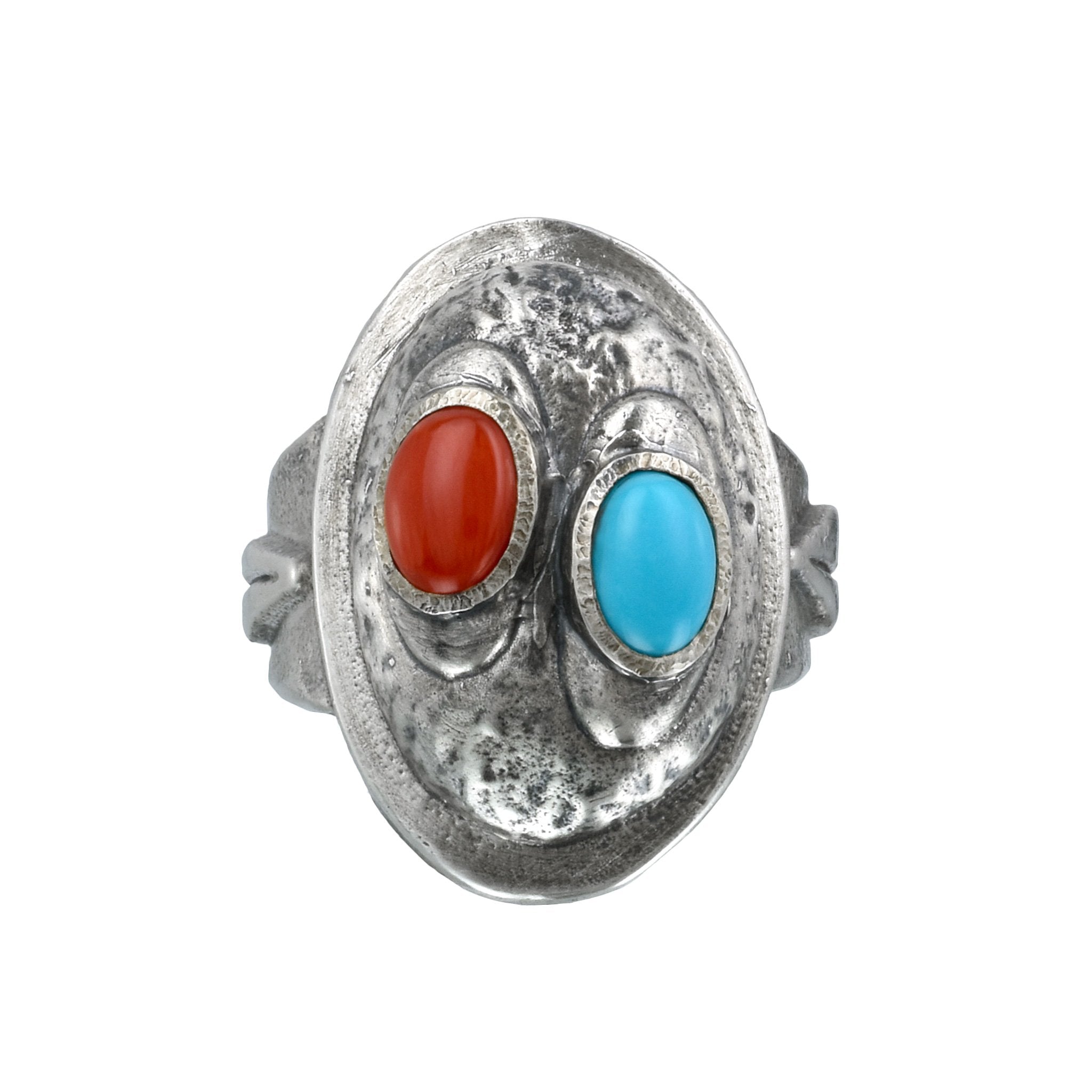 Bague de guerrier africain en argent en édition limitée avec pierres de corail et turquoise - prête à être expédiée en taille 8