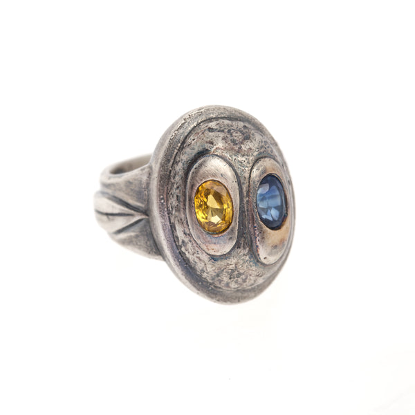 the platinum silver and sapphires African warrior ring