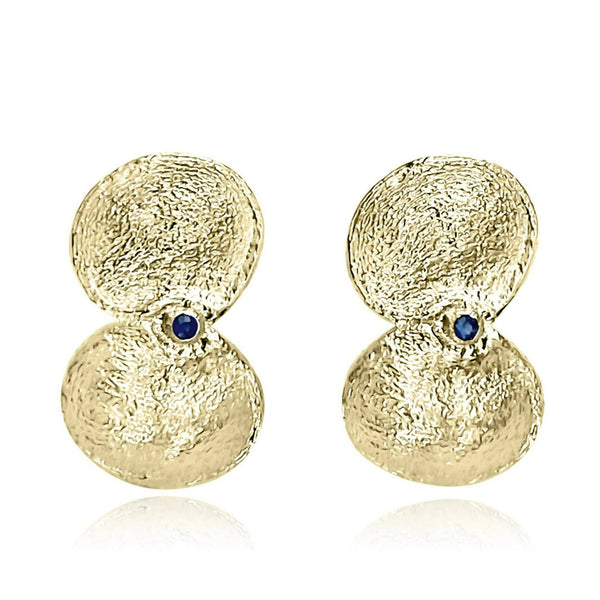 14K yellow fairmined gold seed pod elongated earrings with blue sapphires