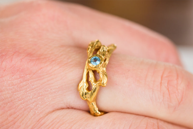 18 K Twig Ring with blue topaz Stone ~engagement ring