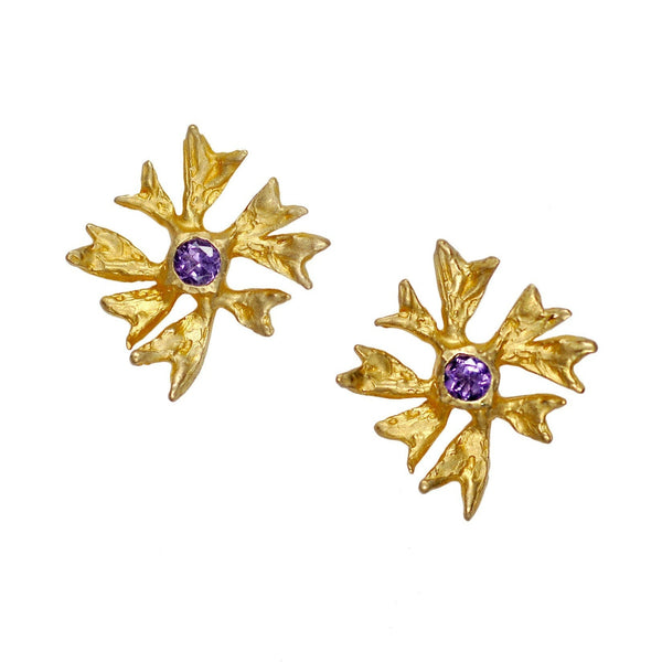 14K and 18K Yellow Gold Maple Flower Earrings with Amethyst gemstones