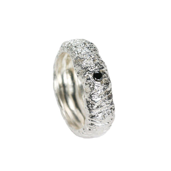 The tree trunk imprint wedding band with a black diamond - ready to ship in size 10