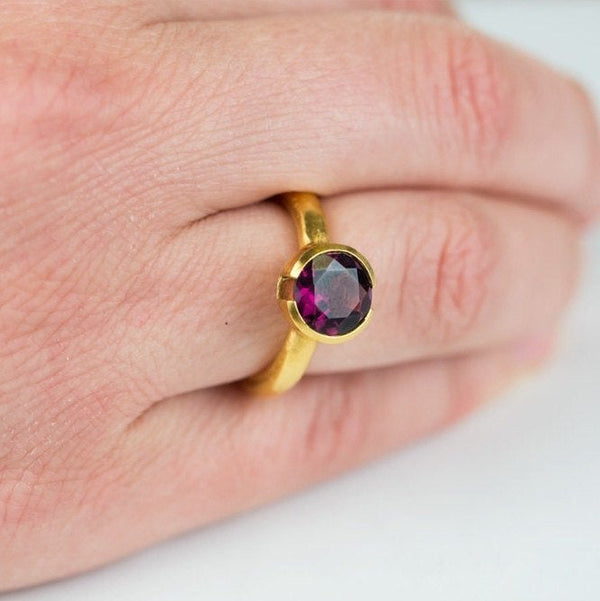 18K open bezel ring with a rhodolite garnet~ engagement ring~ every day wear