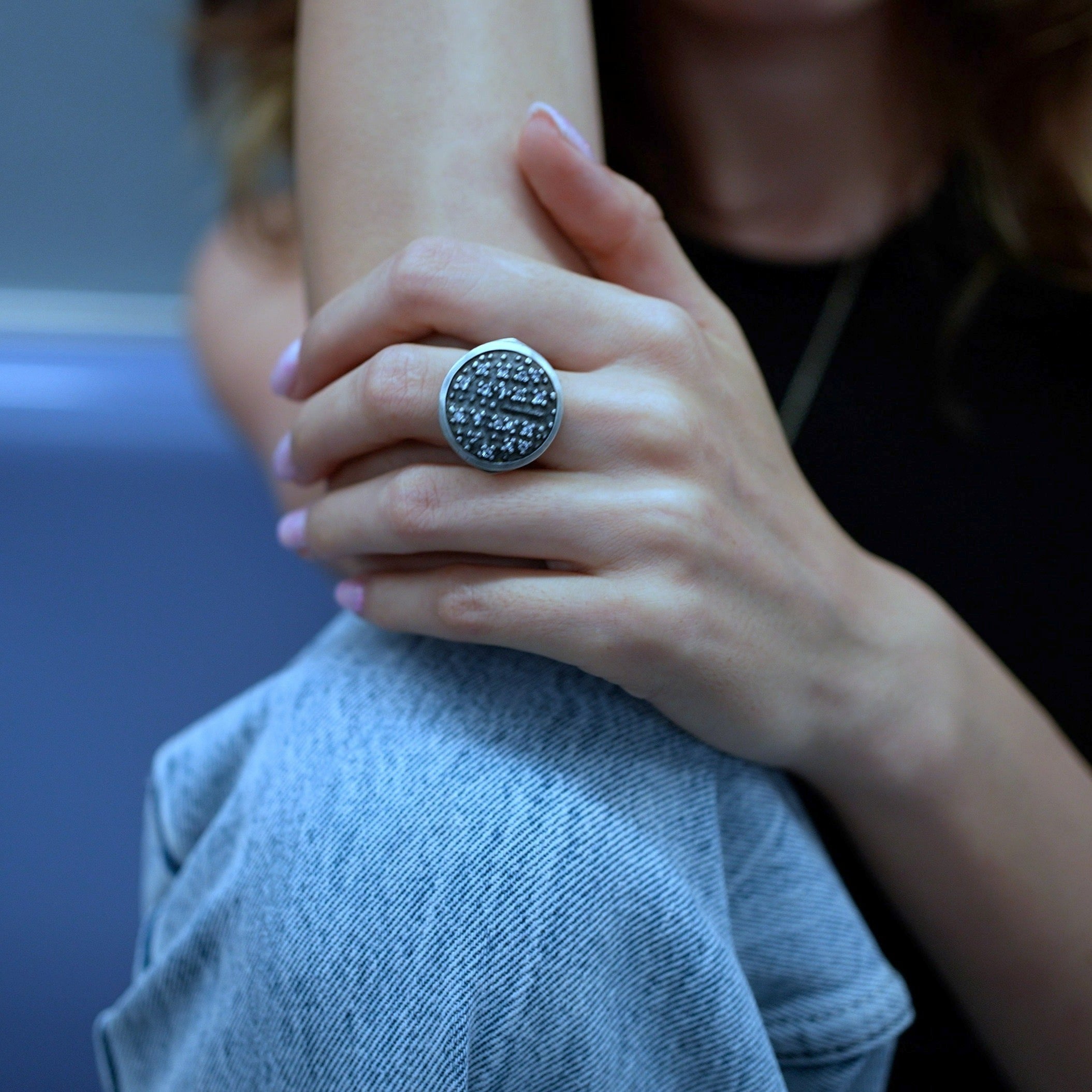 the Ethiopian shield ring with white sapphires size 6.5 ready to ship